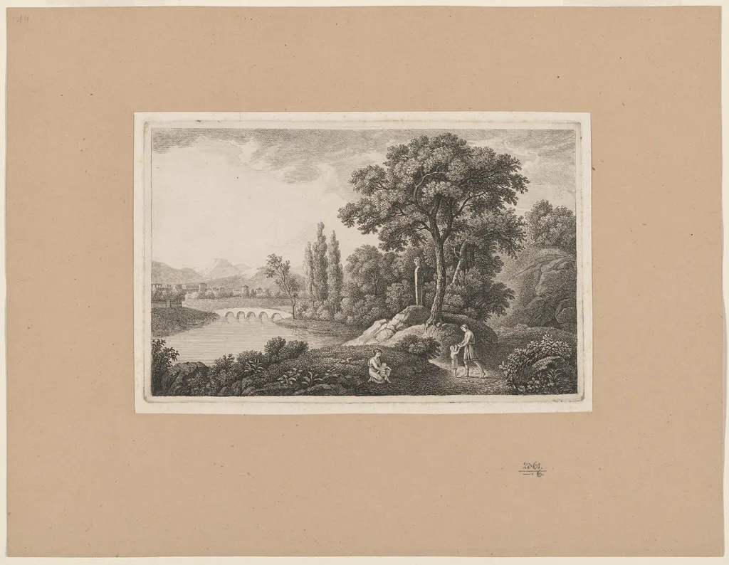 Classical Landscape with a Family by a River, by Monogrammist D, ink, 1750