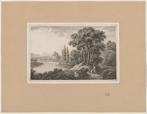 Classical Landscape with a Family by a River, by Monogrammist D, ink, 1750