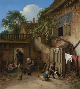 The Cottage Dooryard, by Adriaen van Ostade, oil, 1673