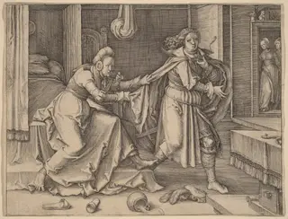 Joseph Escaping Potiphar's Wife, by Lucas van Leyden, ink, 1512
