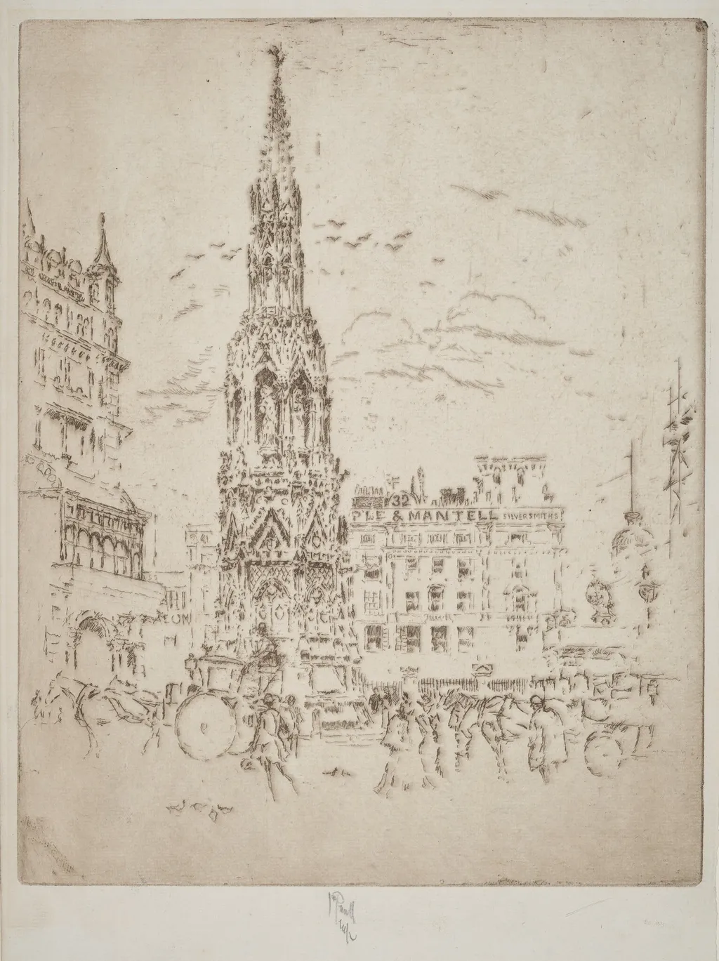 The Elinor Cross, in Front of Charing Cross Railway Station, by Joseph Pennell, ink, 1906