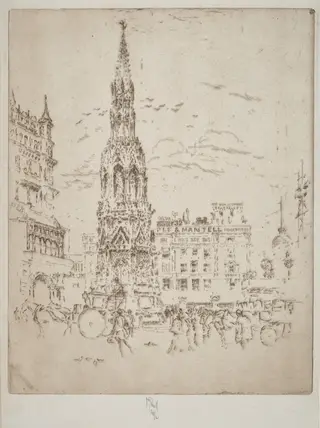 The Elinor Cross, in Front of Charing Cross Railway Station, by Joseph Pennell, ink, 1906