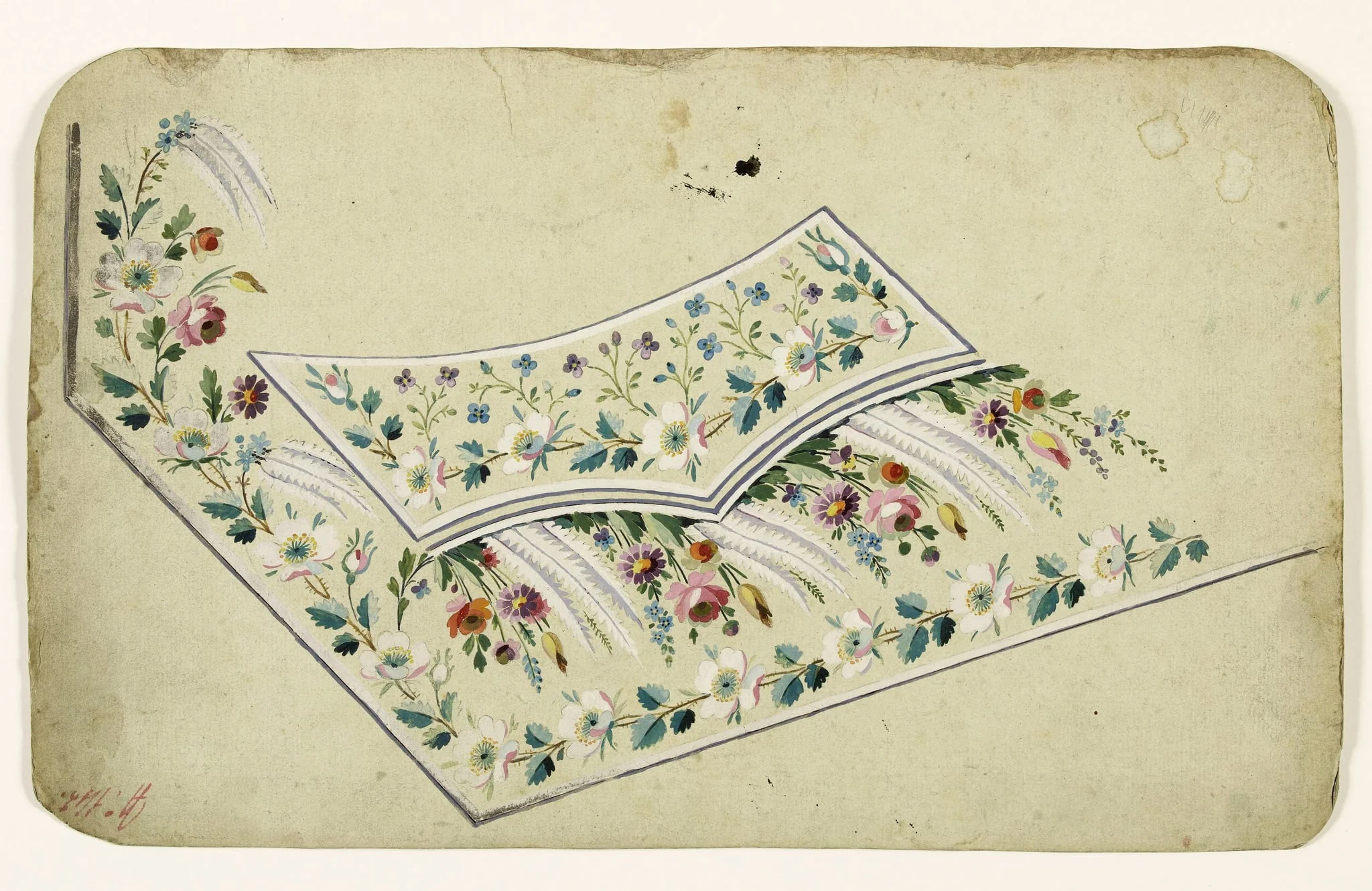 Composition de fleurs multicolores et de feuilles blanches et frises de fleurs de poirier, projets de broderies de gilet, XVIIIème siècle, detail