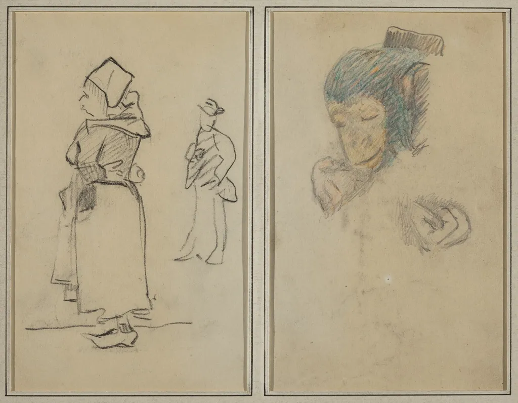 A Breton Woman and a Standing Man; Head and Hand of a Monkey [recto], by Paul Gauguin, graphite, 1886