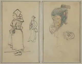 A Breton Woman and a Standing Man; Head and Hand of a Monkey [recto], by Paul Gauguin, graphite, 1886