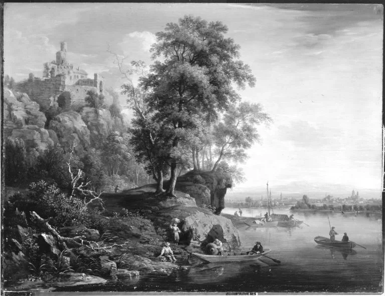 Flusslandschaft mit Burg, detail