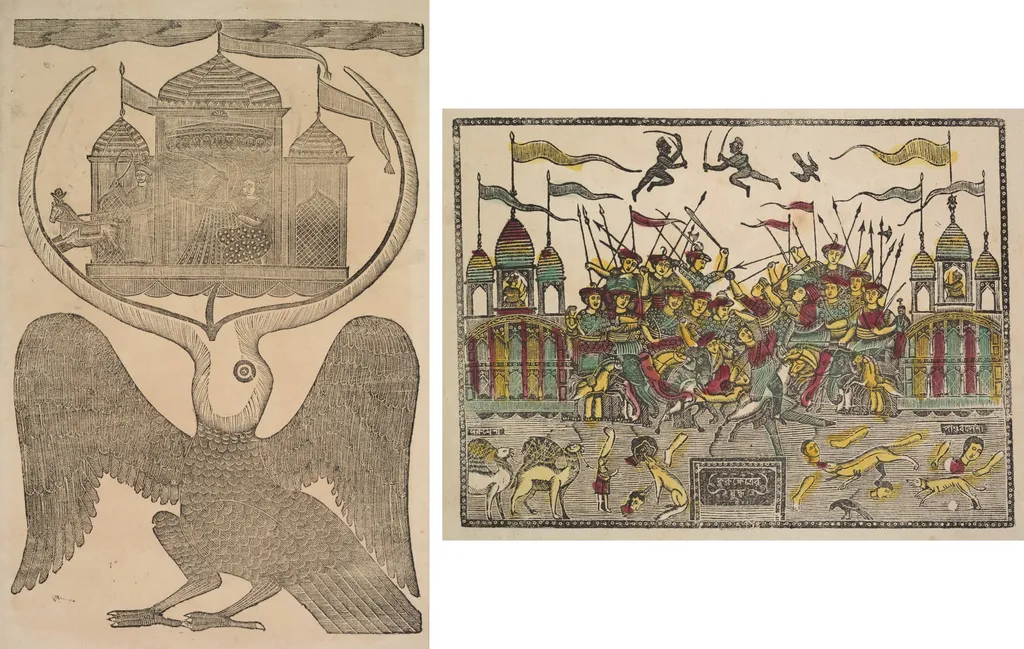 Leaf from a Kalighat album: Jatayu hinders Ravana’s chariot trying to prevent Sita’s abduction (recto); Battle Scene at Kurukshetra from the Mahabharata War (verso), by Shri Gobinda Chandra Roy, 1890