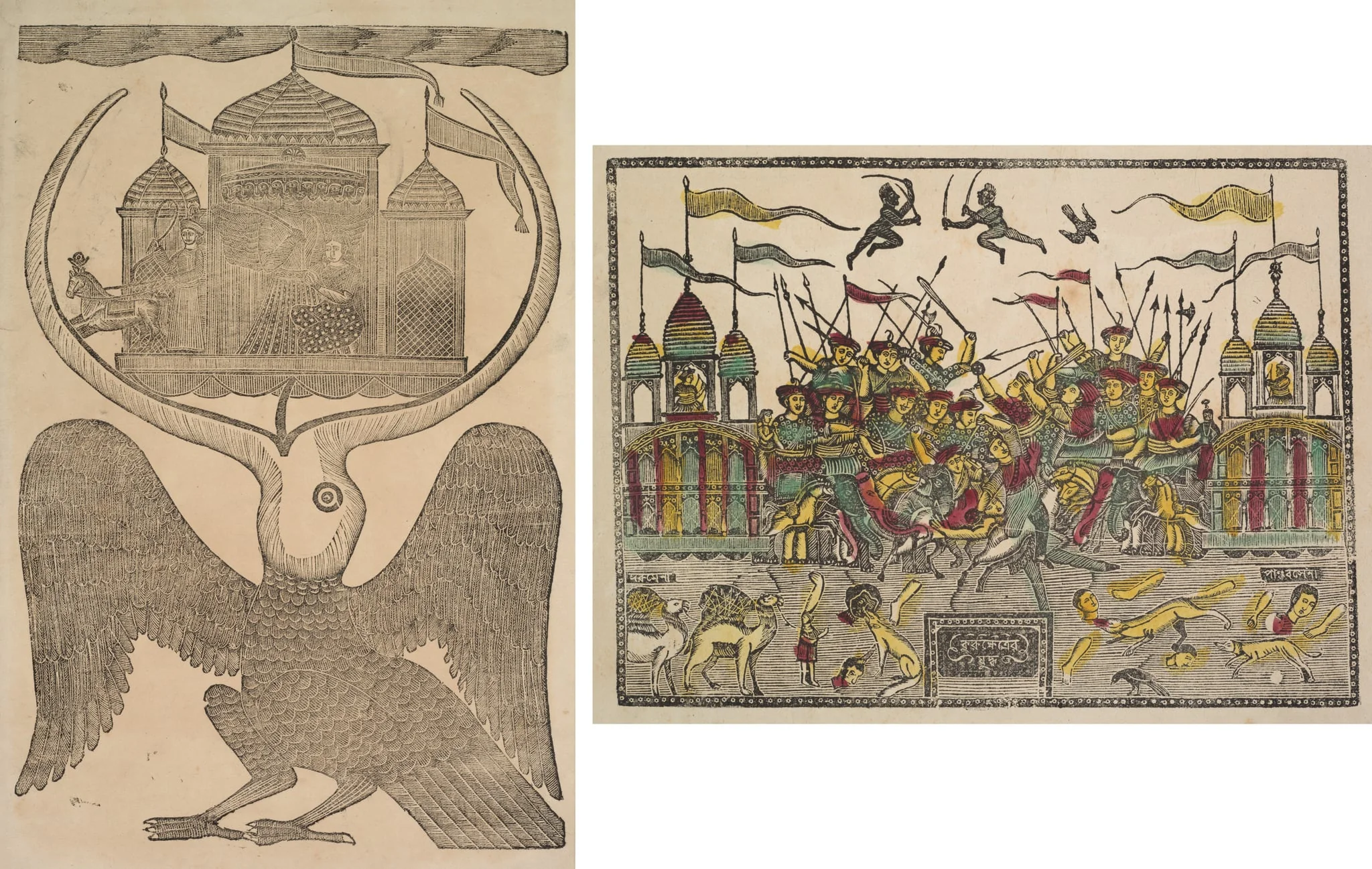 Leaf from a Kalighat album: Jatayu hinders Ravana’s chariot trying to prevent Sita’s abduction (recto); Battle Scene at Kurukshetra from the Mahabharata War (verso), detail