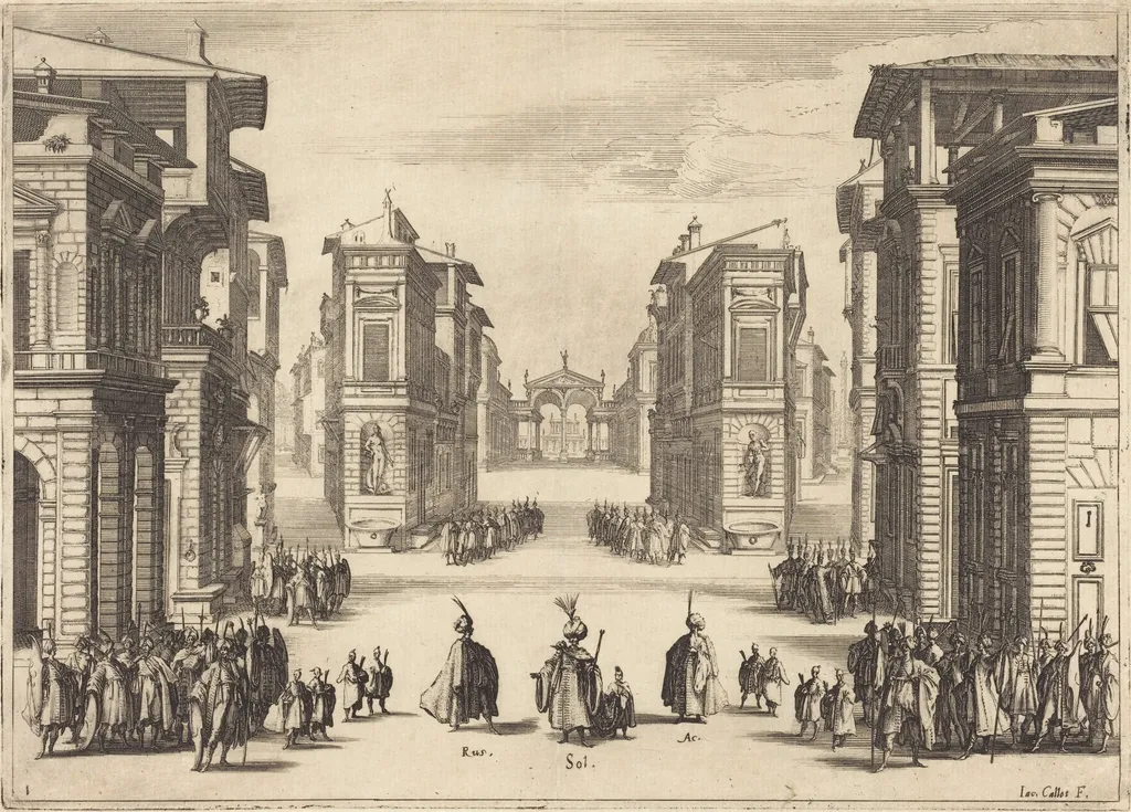 Il Solimano, Act I, by Jacques Callot, ink, 1620