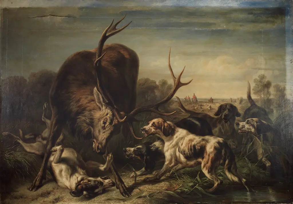 Hirsch, von Hunden gestellt, by Benno Adam, oil, 1858