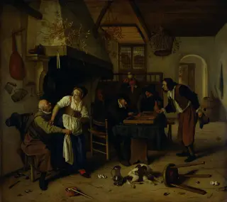Interior of an inn with an old man amusing himself with the landlady and two men playing backgammon, known as 'Two kinds of games', by Jan Steen, oil, 1669