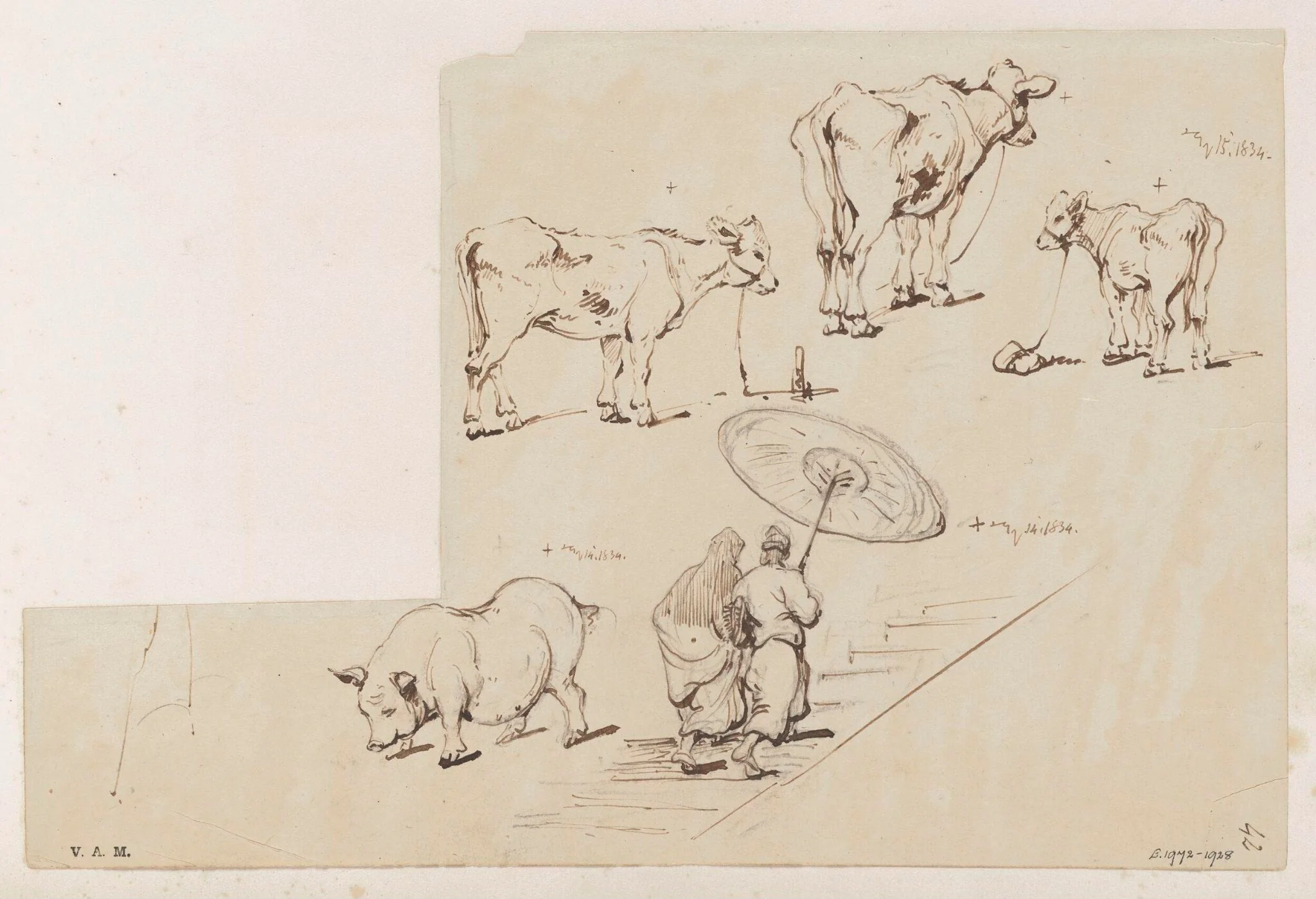 Figures ascending a staircase, a pig, a cow and two calves, detail
