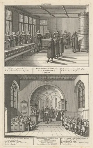 Reception des Candidats dans le St. Ministere, à Zurich; Presentation et Ordination Solemnelle d’un Nouveau Pasteur dans une Eglise de la Campagne de Zurich (Reception of the Candidates and Presentation and Ordination of a New Pastor), by David Herrliberger, ink, 1751