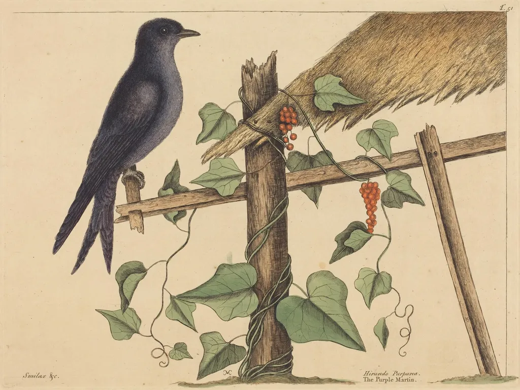 The Purple Martin (Hirundo purpurea), by Mark Catesby, ink, 1737