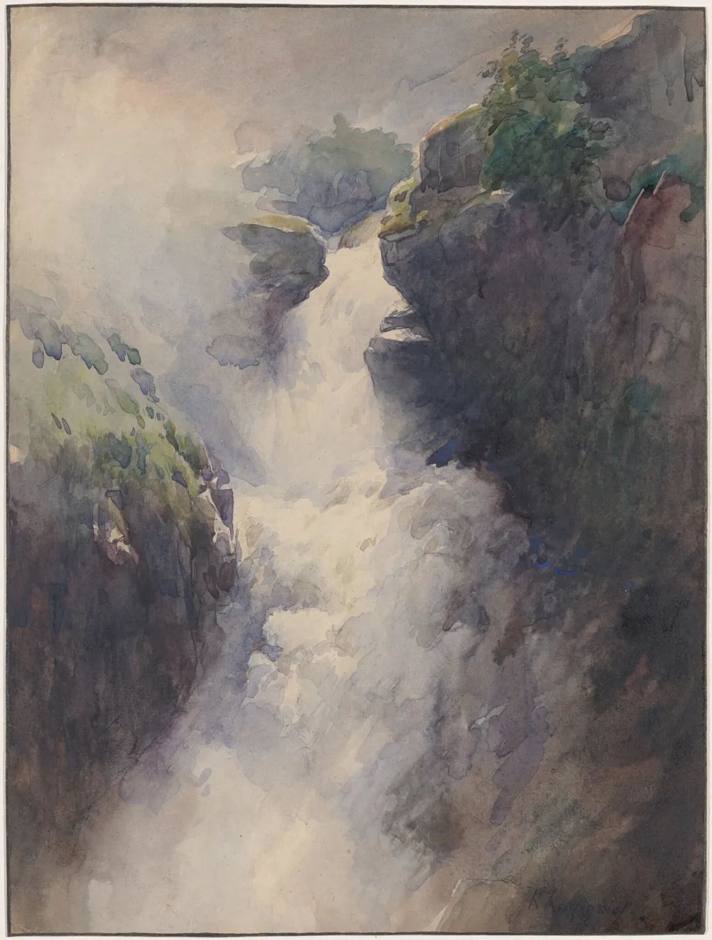 A Cascade in the Mountains, by Henri-Joseph Harpignies, ink, 1874
