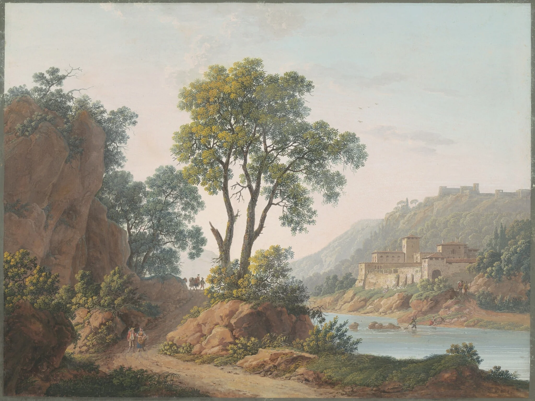 River Landscape with Castles and Travelers, detail
