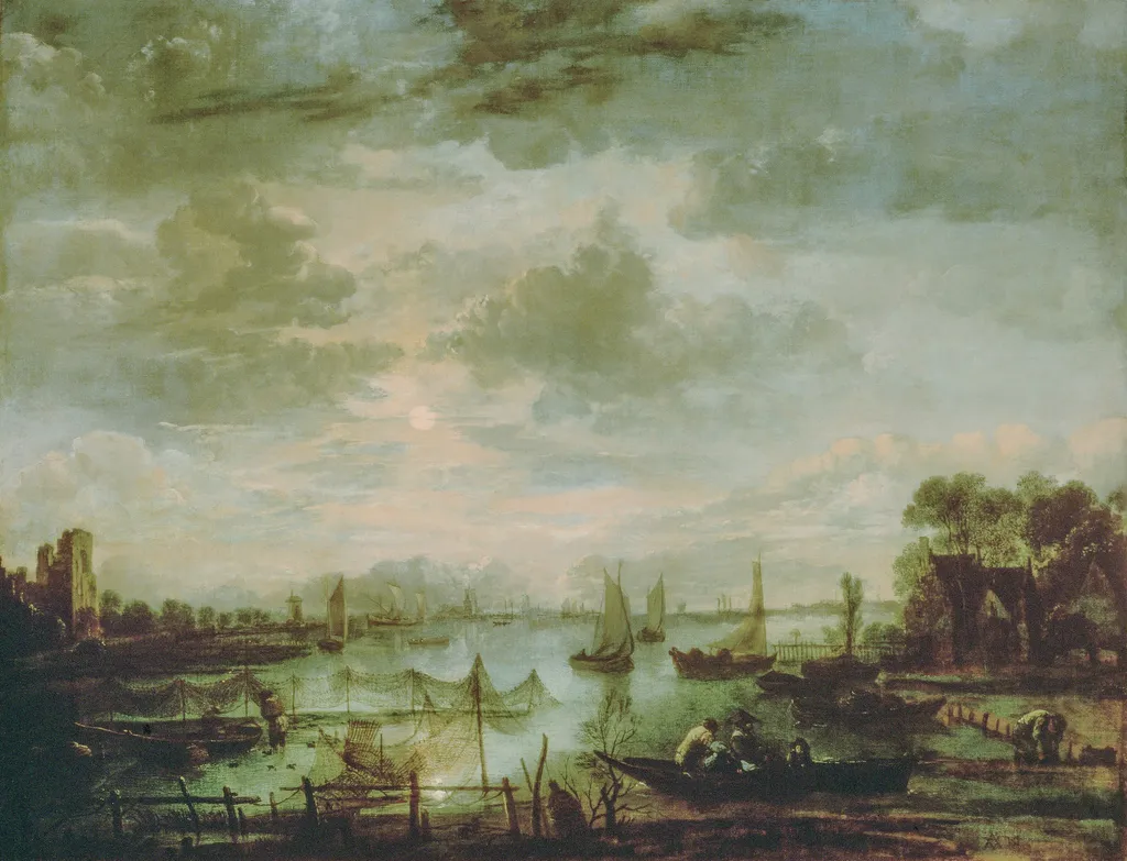 River landscape with ships by moonlight, by Aert van der Neer, oil, 1667