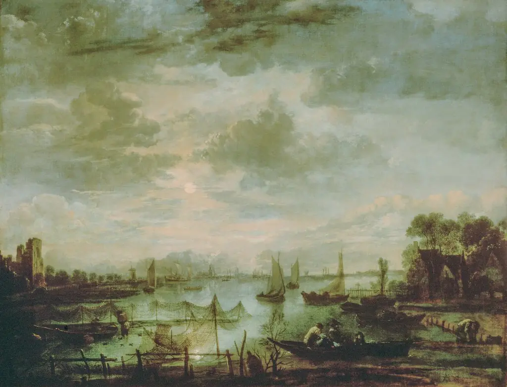 River landscape with ships by moonlight, by Aert van der Neer, oil, 1667