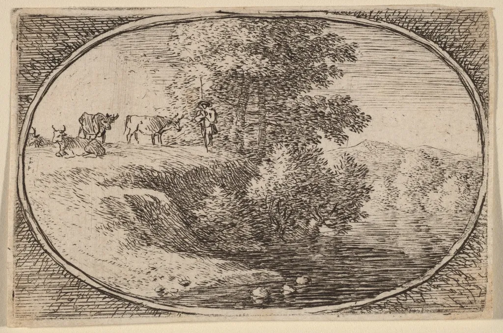 Herd of Cows on Bluff to Left of Water, by Herman van Swanevelt, ink, 1628