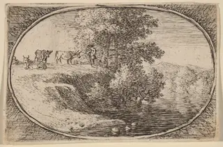 Herd of Cows on Bluff to Left of Water, by Herman van Swanevelt, ink, 1628