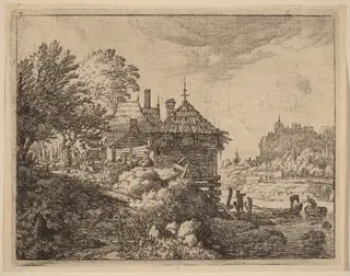 Two Boats Approaching a Hut, by Allart van Everdingen, ink, 1650
