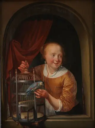 Girl with a Parrot, by Pieter Cornelisz. van Slingelandt, oil, 1673