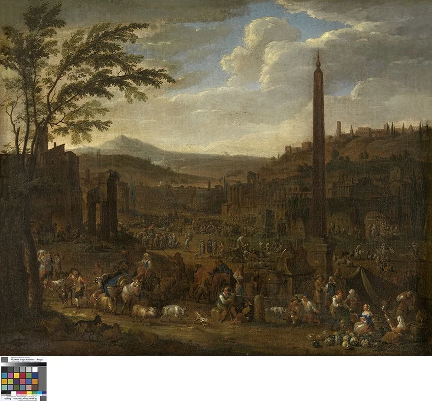 Italianiserend landschap met markttafereel, detail