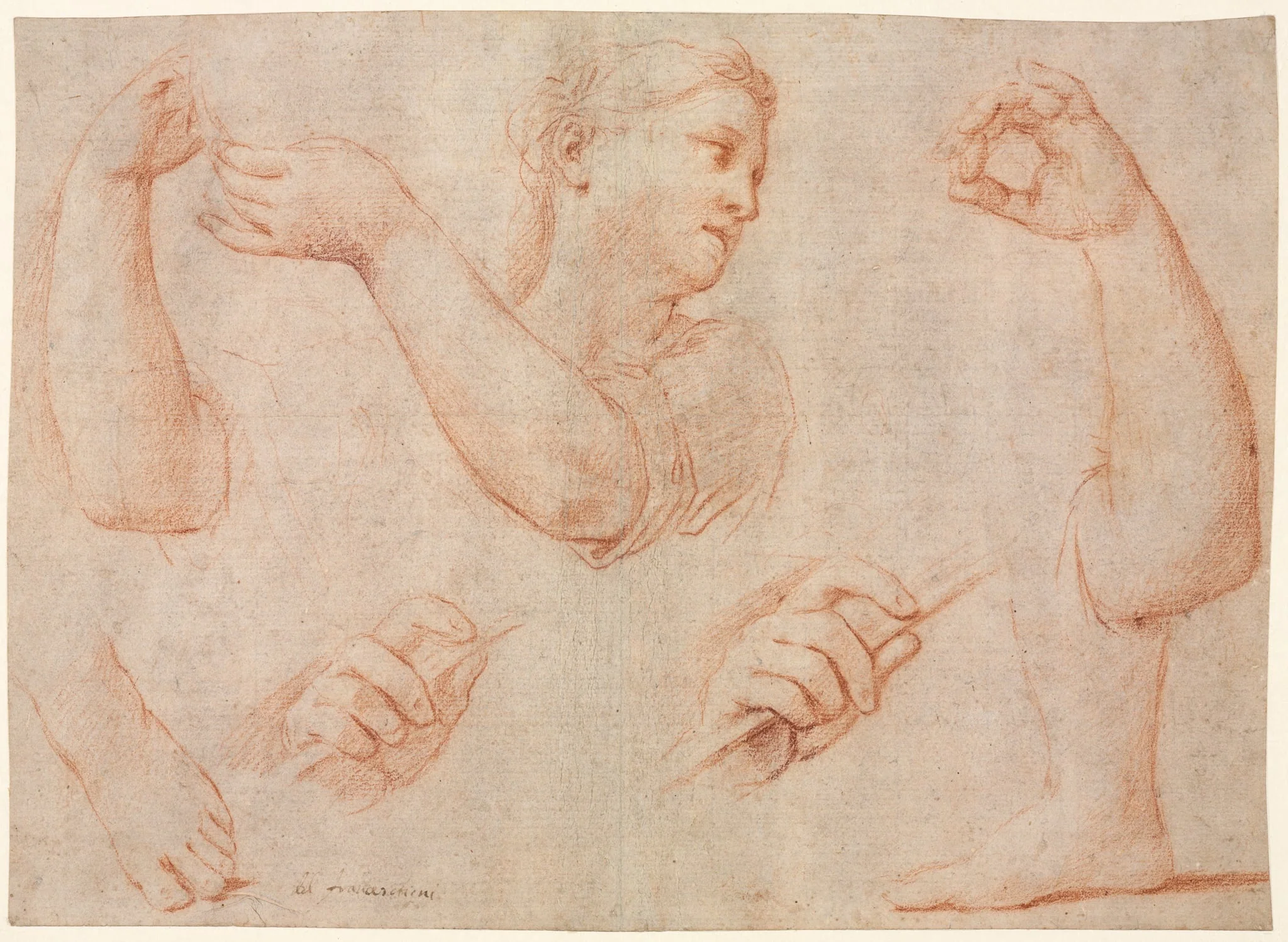 Study of a Young Woman Playing a Tambourine, and Studies of an Arm, Hands, and Feet (Studies for "Miriam Leading the Chorus of Women Who Give Thanks for the Routing of Pharoah", detail