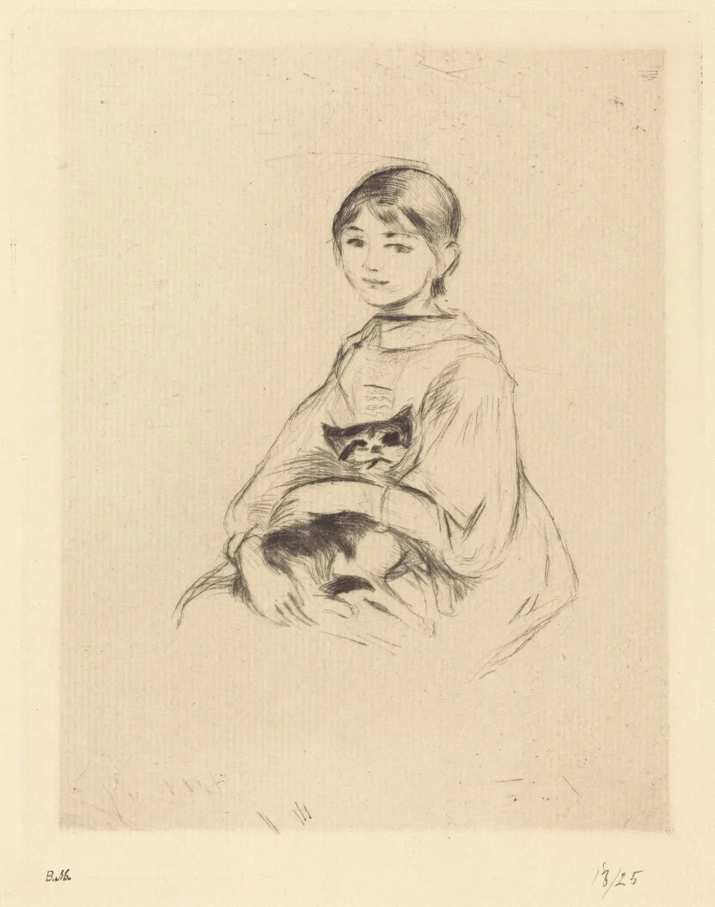 Julie Manet Holding a Cat, by Berthe Morisot, ink, 1889