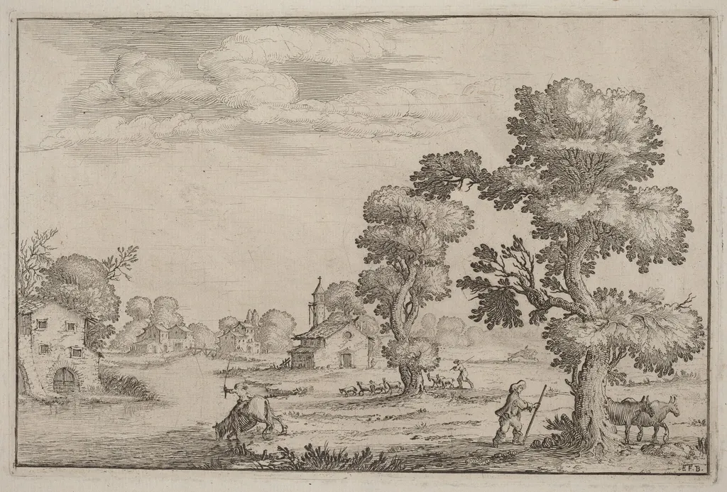 Lakeside Village with Herdsmen, by Ercole Bazicaluva, ink, 1638
