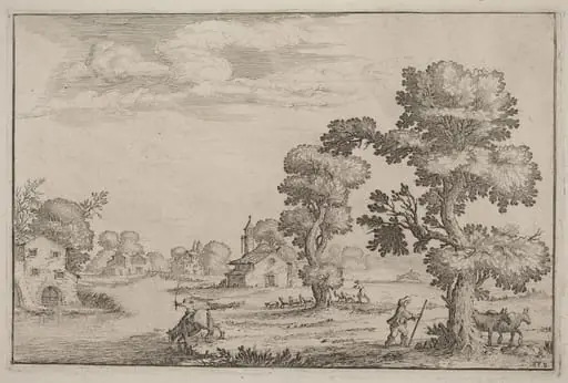 Lakeside Village with Herdsmen, by Ercole Bazicaluva, ink, 1638