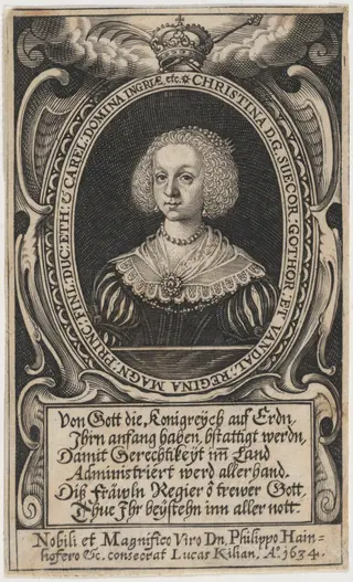 Queen Christina, by Lucas Kilian, ink, 1634