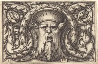 Ornament Panel with a Large Bearded Mask, by Sebald Beham, ink, 1543