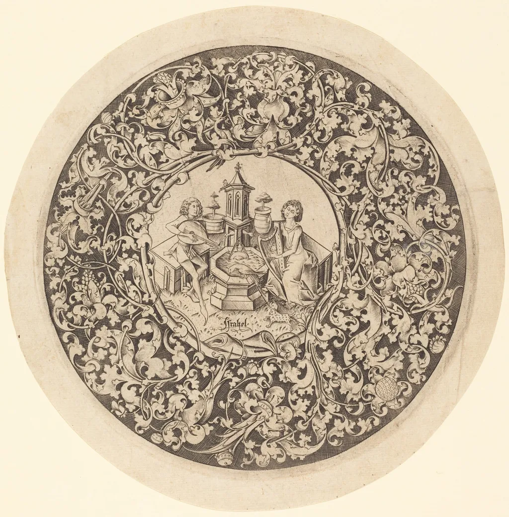Circular Ornament with Musicians Playing near a Well, by Israhel van Meckenem, ink, 1499