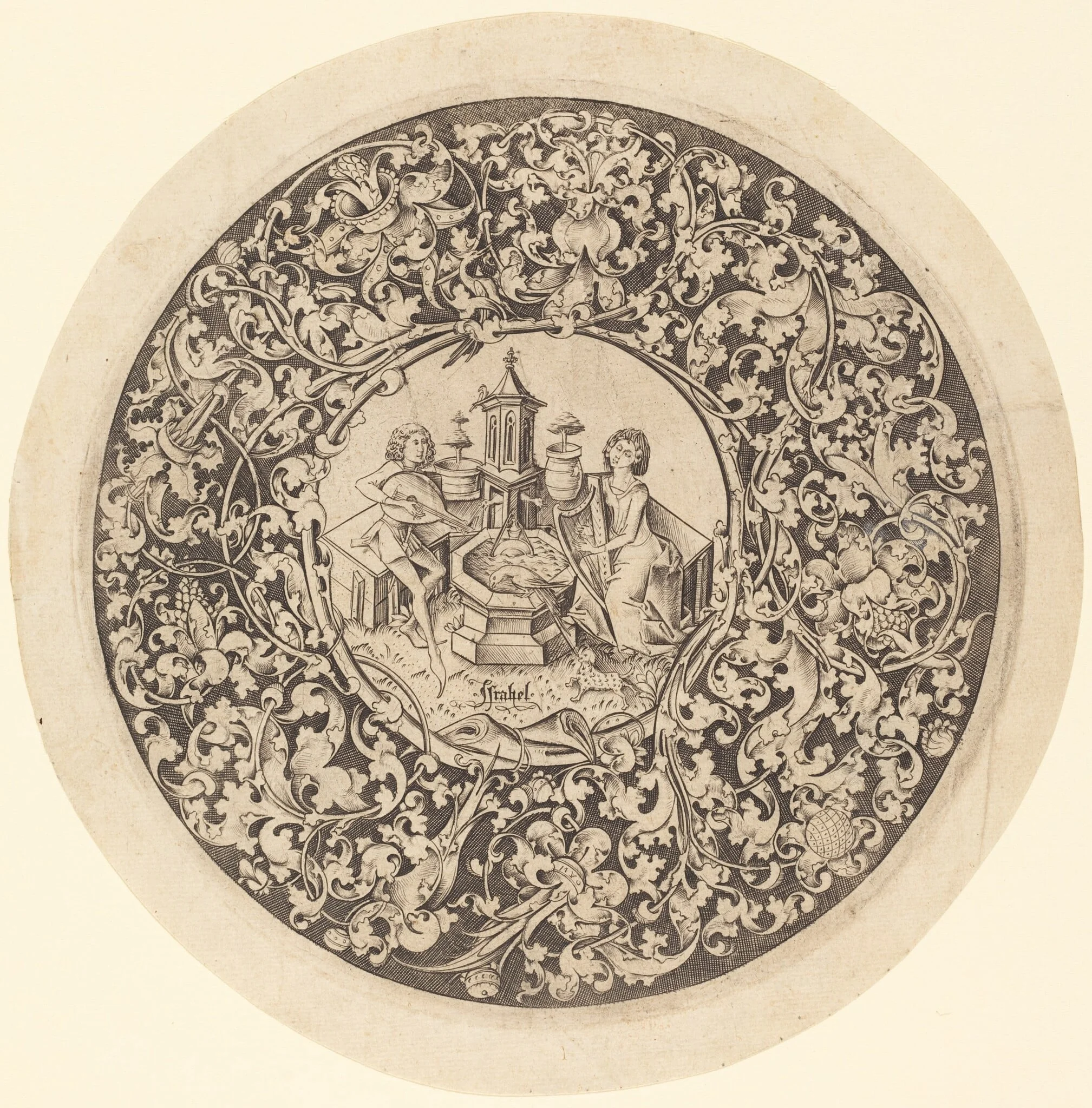 Circular Ornament with Musicians Playing near a Well, detail