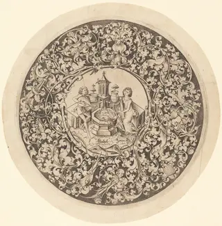 Circular Ornament with Musicians Playing near a Well, by Israhel van Meckenem, ink, 1499