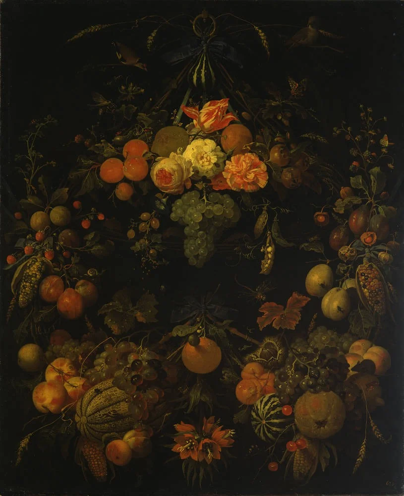 Wreath of fruit, with some flowers, suspended from a metal ring, detail