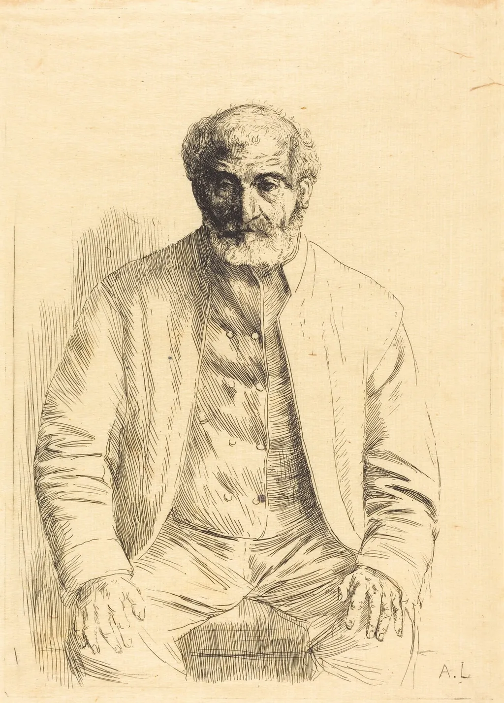 Old man seated (Vieillard assis), by Alphonse Legros, ink, 1874