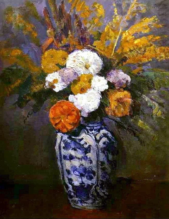 Dahlias in a Delft vase, detail