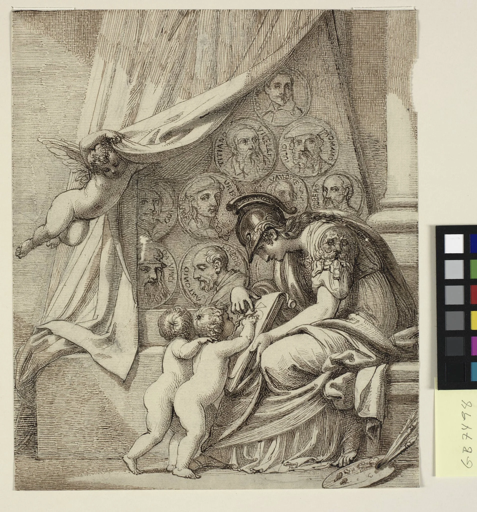 The genius of painting. Minerva instructing putti in the art of painting. Design for Pierre Condé's etching, Memorial to Robert Udney Esq., detail