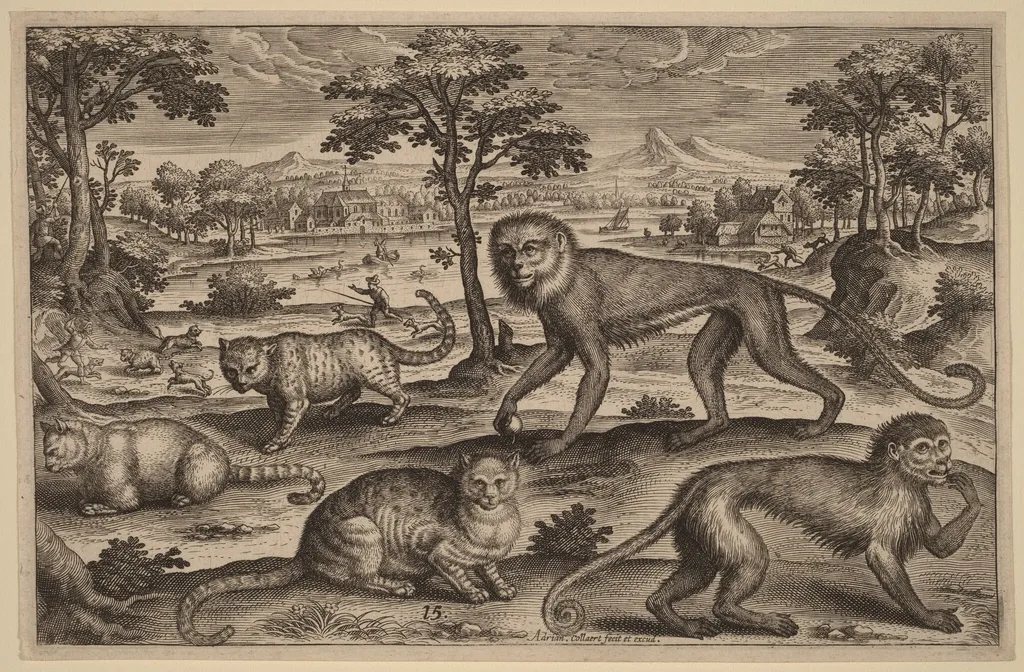 Three Cats and Two Monkeys, by Adriaen Collaert, ink, 1597