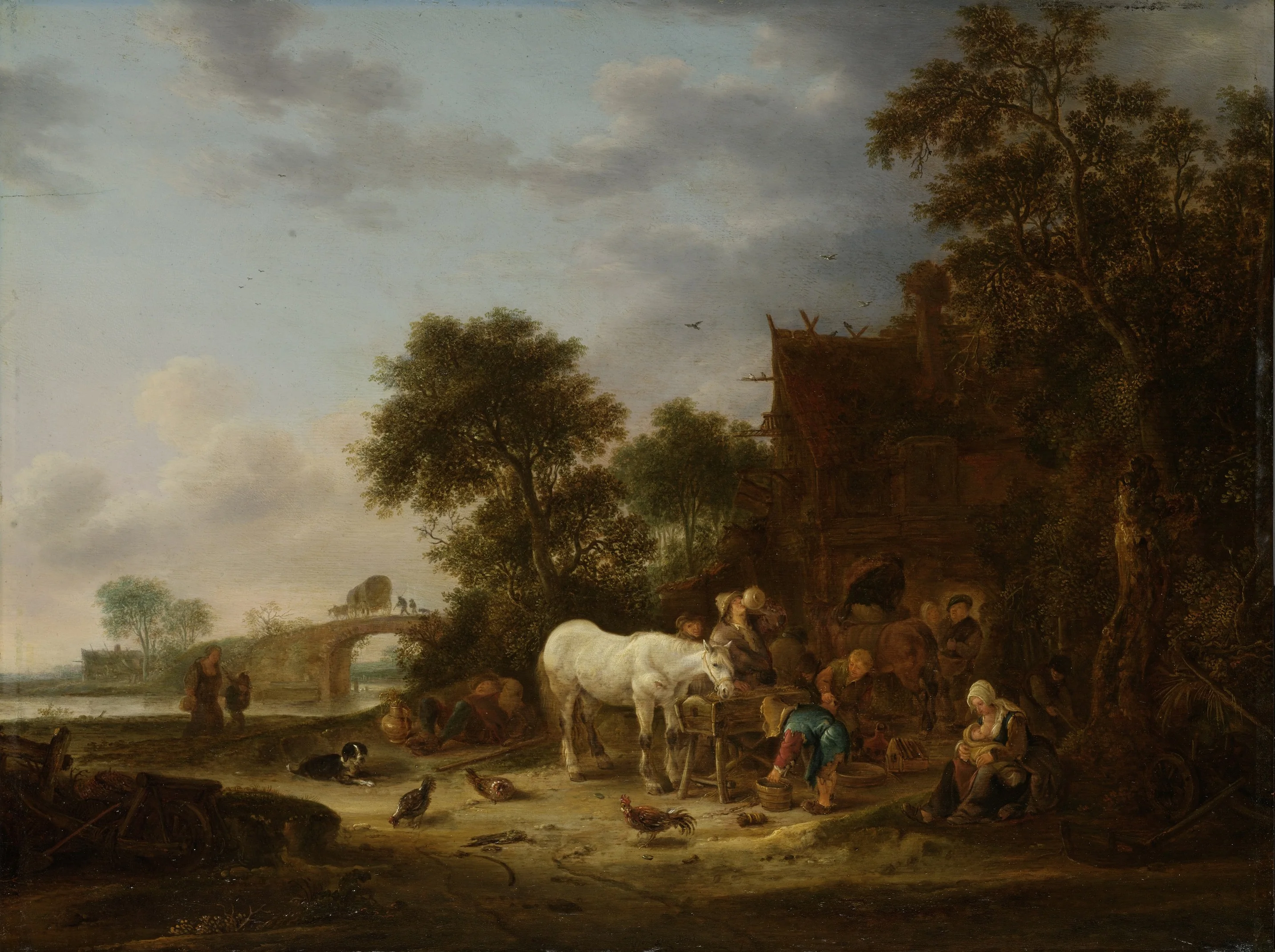 Country inn with a horse at the trough, detail