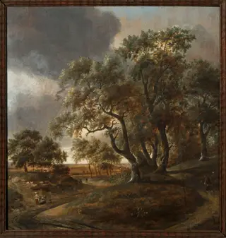 Landscape with staffage, by Jan Vermeer van Haarlem, oil, 1690