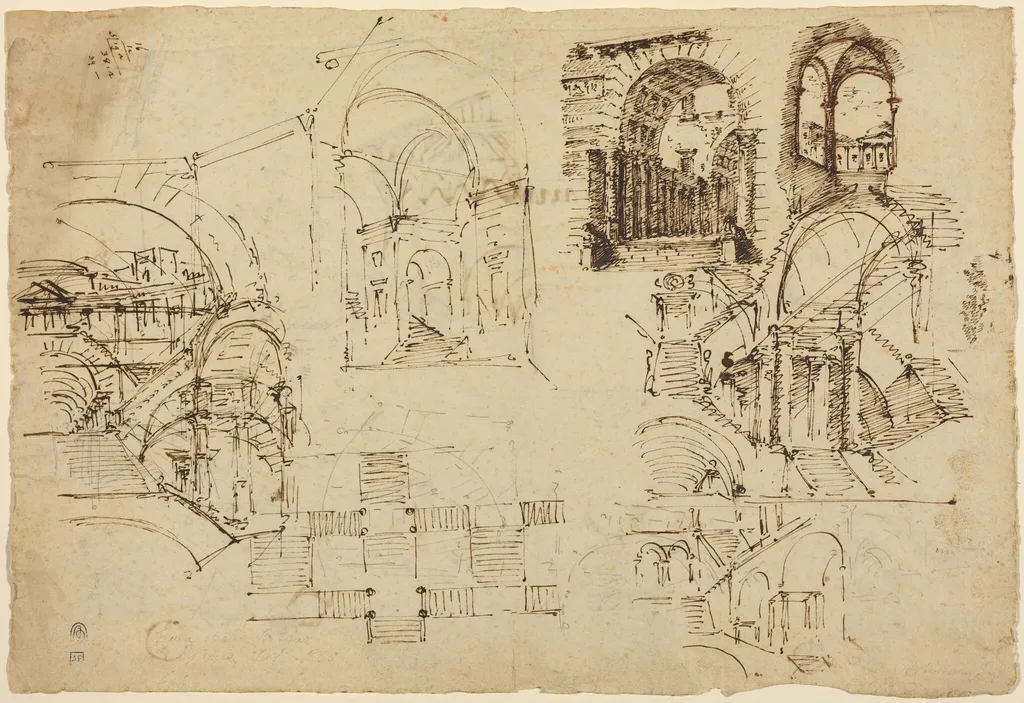 Designs for Palatial Staircases [recto], by Lorenzo Sacchetti, ink, 1800