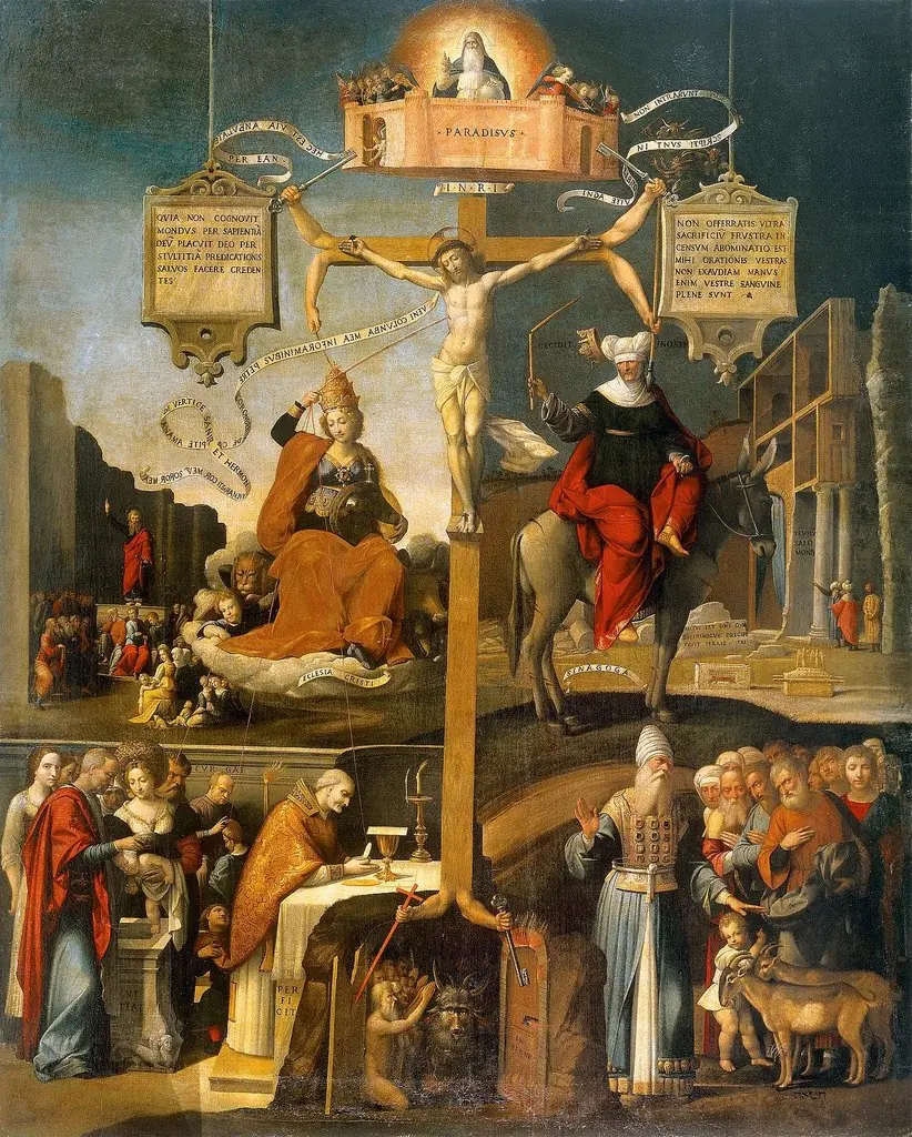 Allegory of Old and New Testament (Synagogue and Christ Church), by Benvenuto Tisi, oil, 1529