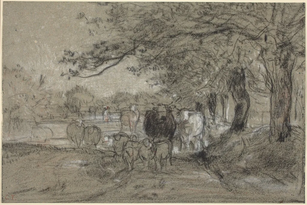Cows and Sheep under Trees, by Constant Troyon, charcoal, 1850