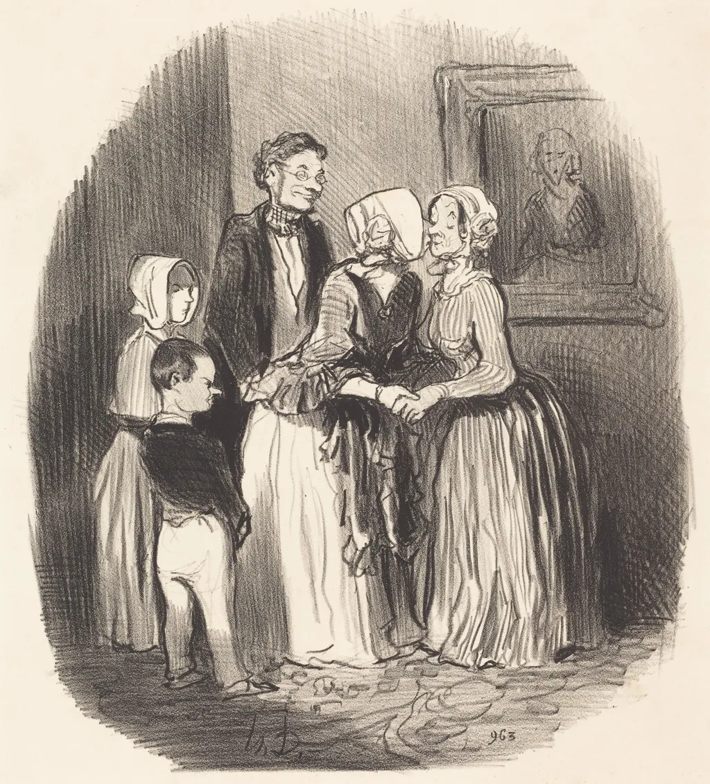 Au novel an, visite... a la tante Rabourdin, by Honoré Daumier, ink, 1847
