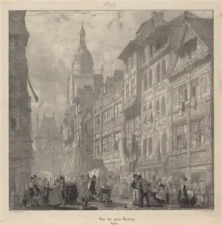 Rue du gros-horloge, Rouen, by Richard Parkes Bonington, ink, 1824