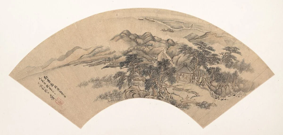清 佚名 倣王翬 臨燕文貴勘書圖 扇|Landscape in the Style of Yan Wengui, detail
