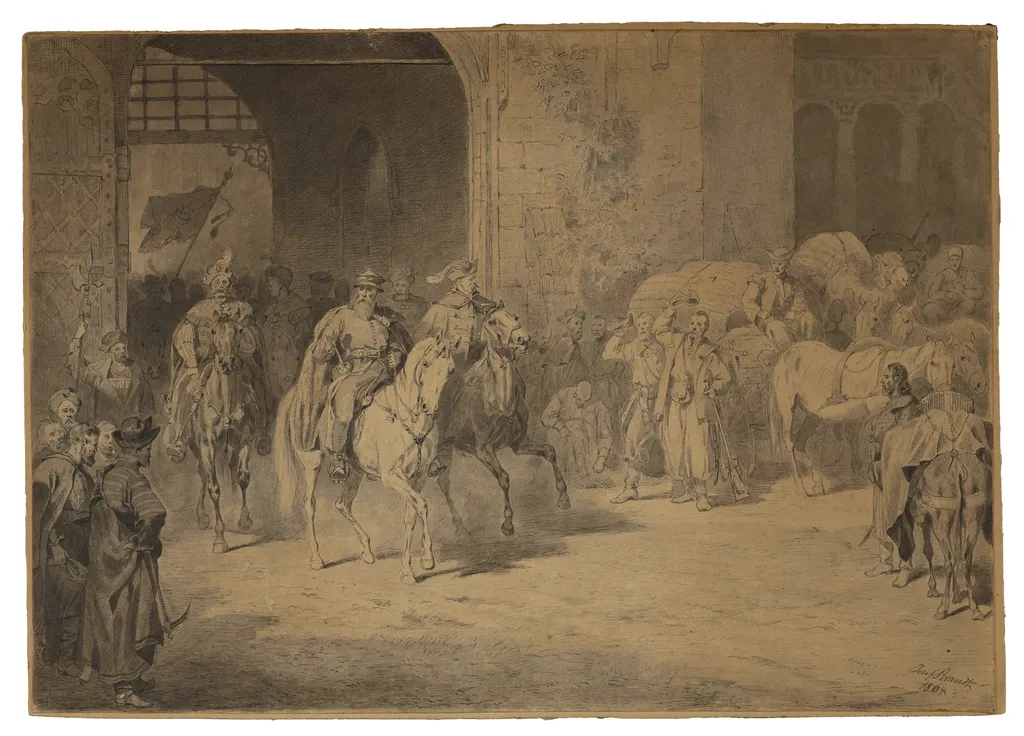 Leaving the castle, by Józef Brandt, unspecified, 1864